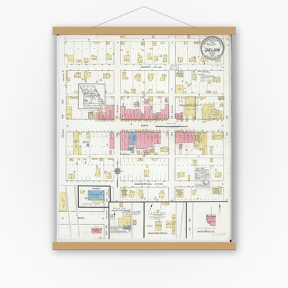 Old map wall art mockup — magnetic wood frame on white wall — Sanborn Fire Insurance Map from Sheldon, Vernon County, Missouri (1918), Sheet #0001