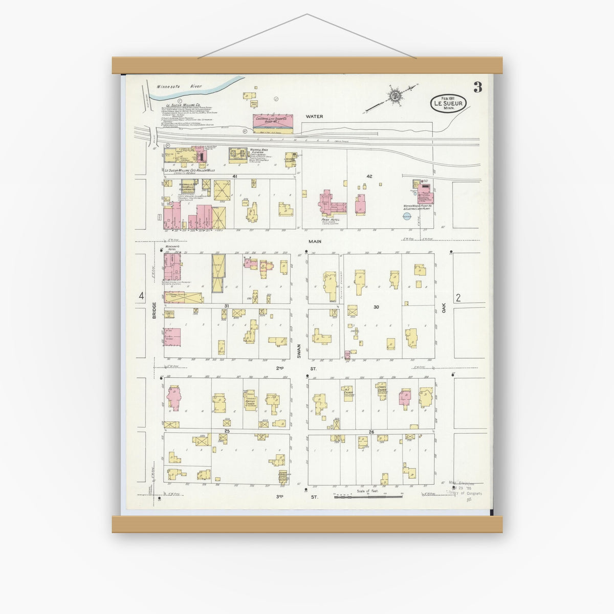 Old map wall art mockup — magnetic wood frame on white wall — Sanborn Fire Insurance Map from Le Sueur, Le Sueur County, Minnesota (1911), Sheet #0003