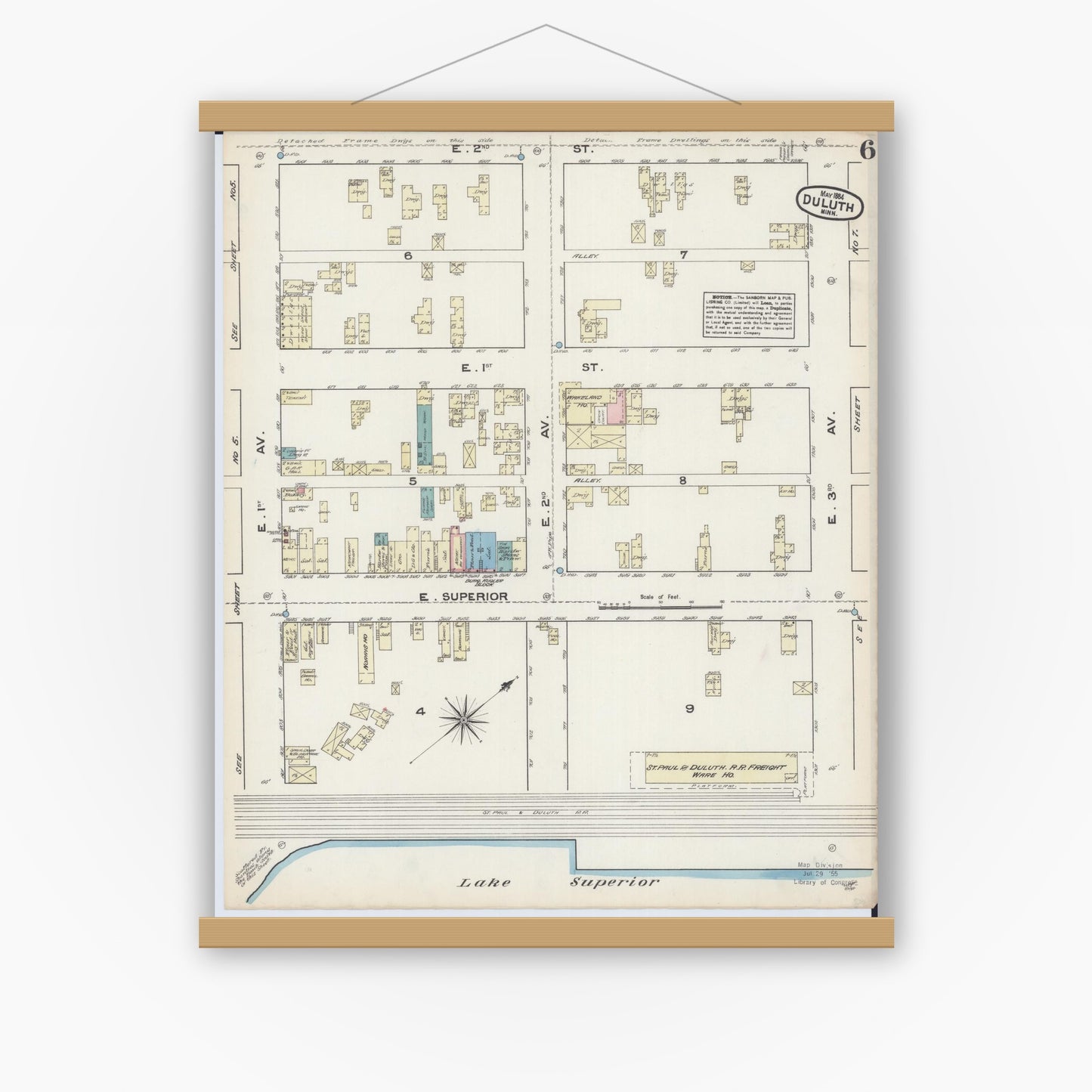 Old map wall art mockup — magnetic wood frame on white wall — Sanborn Fire Insurance Map from Duluth, Saint Louis County, Minnesota (1884), Sheet #0006
