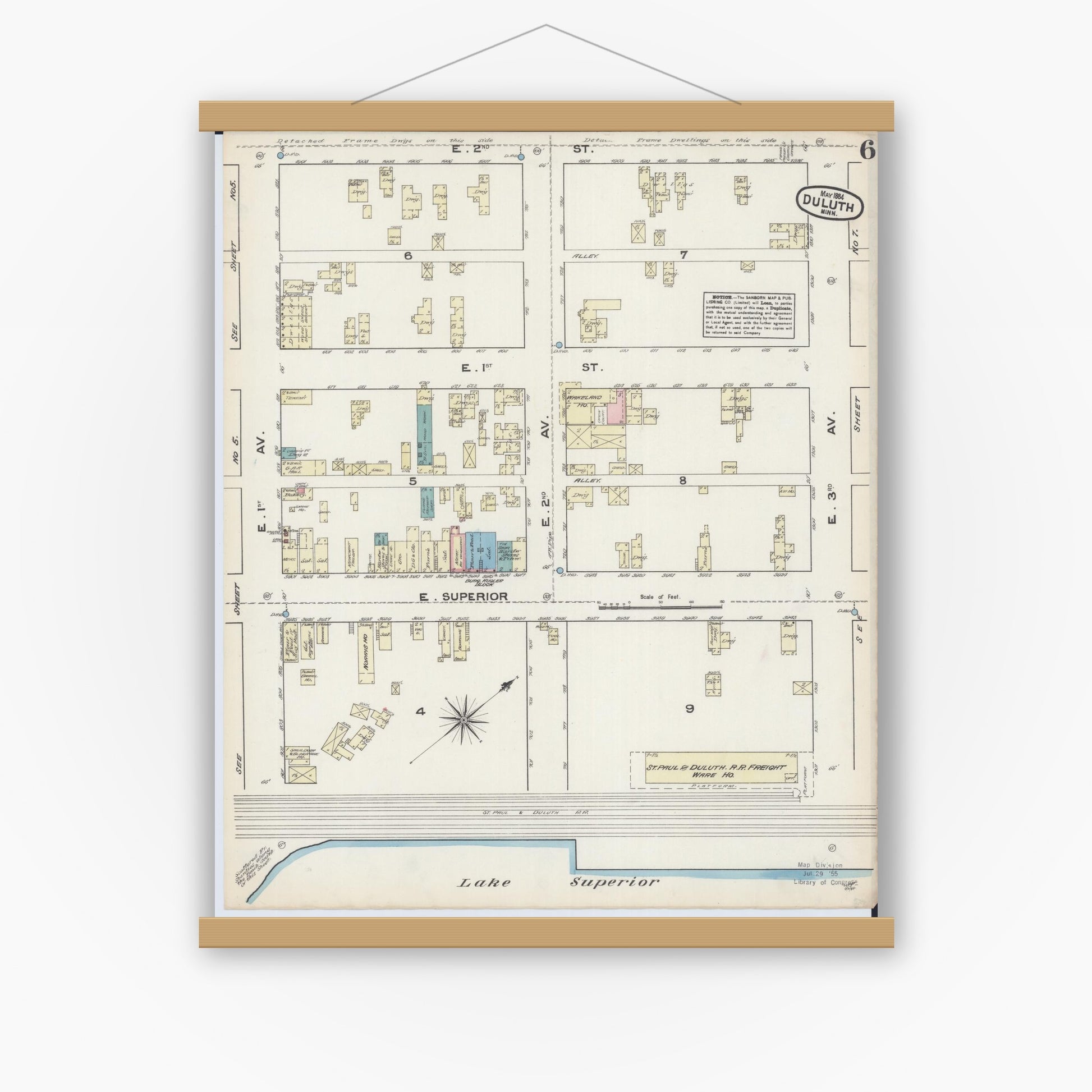 Old map wall art mockup — magnetic wood frame on white wall — Sanborn Fire Insurance Map from Duluth, Saint Louis County, Minnesota (1884), Sheet #0006