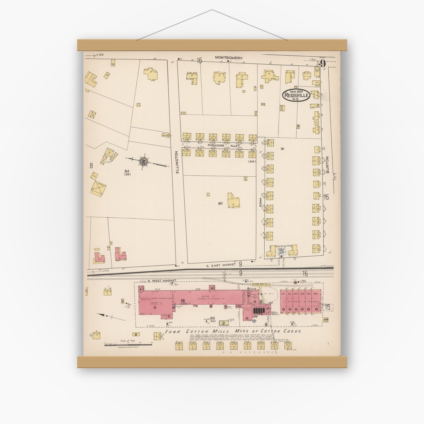 Old map wall art mockup — magnetic wood frame on white wall — Sanborn Fire Insurance Map from Reidsville, Rockingham County, North Carolina (1922), Sheet #0009