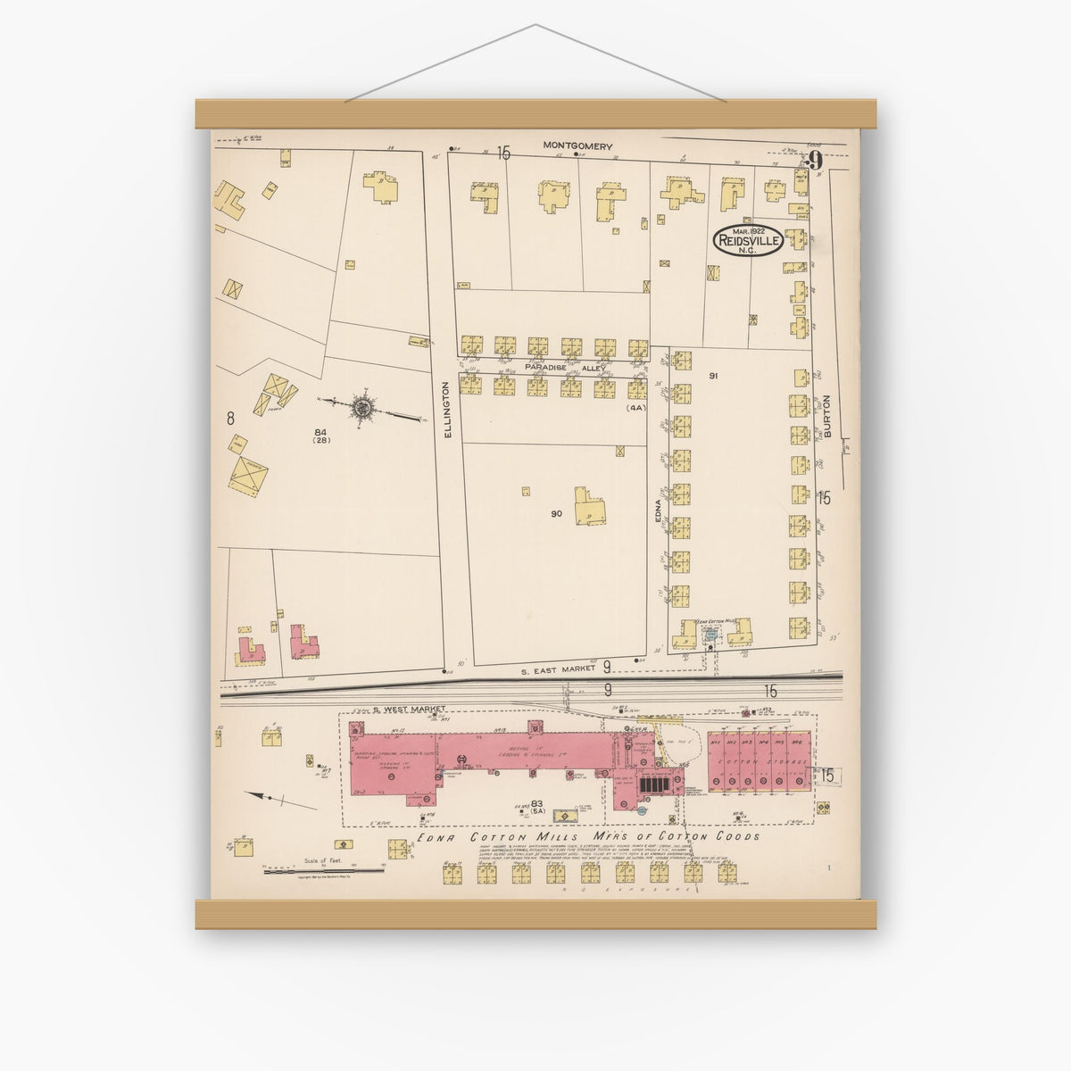 Old map wall art mockup — magnetic wood frame on white wall — Sanborn Fire Insurance Map from Reidsville, Rockingham County, North Carolina (1922), Sheet #0009