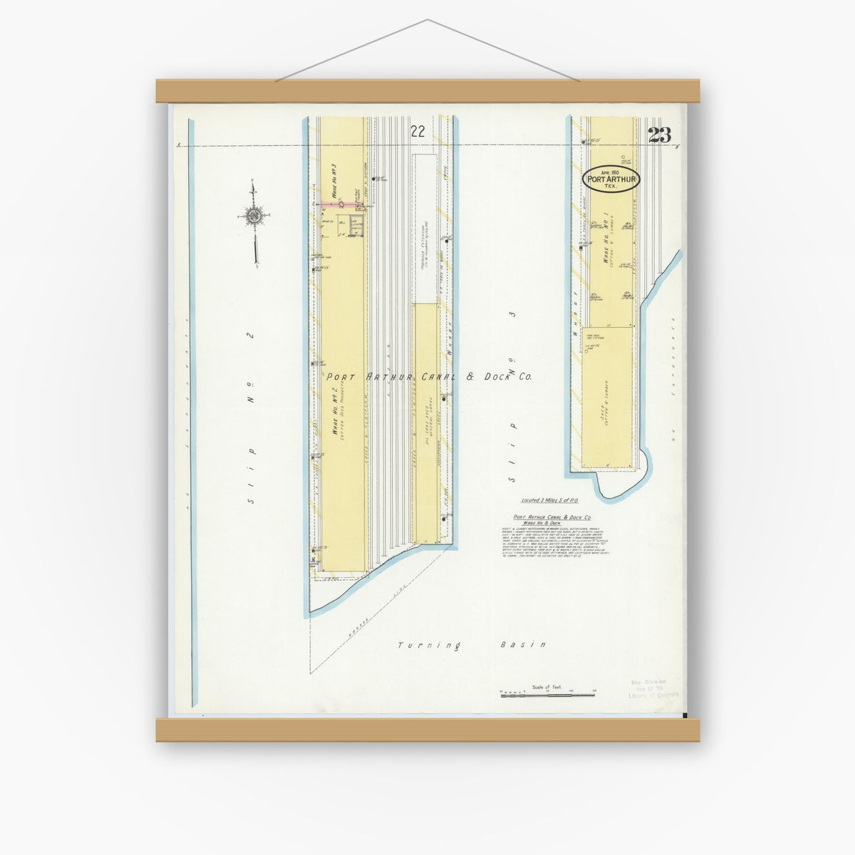 Old map wall art mockup — magnetic wood frame on white wall — Sanborn Fire Insurance Map from Port Arthur, Jefferson County, Texas (1910), Sheet #0023