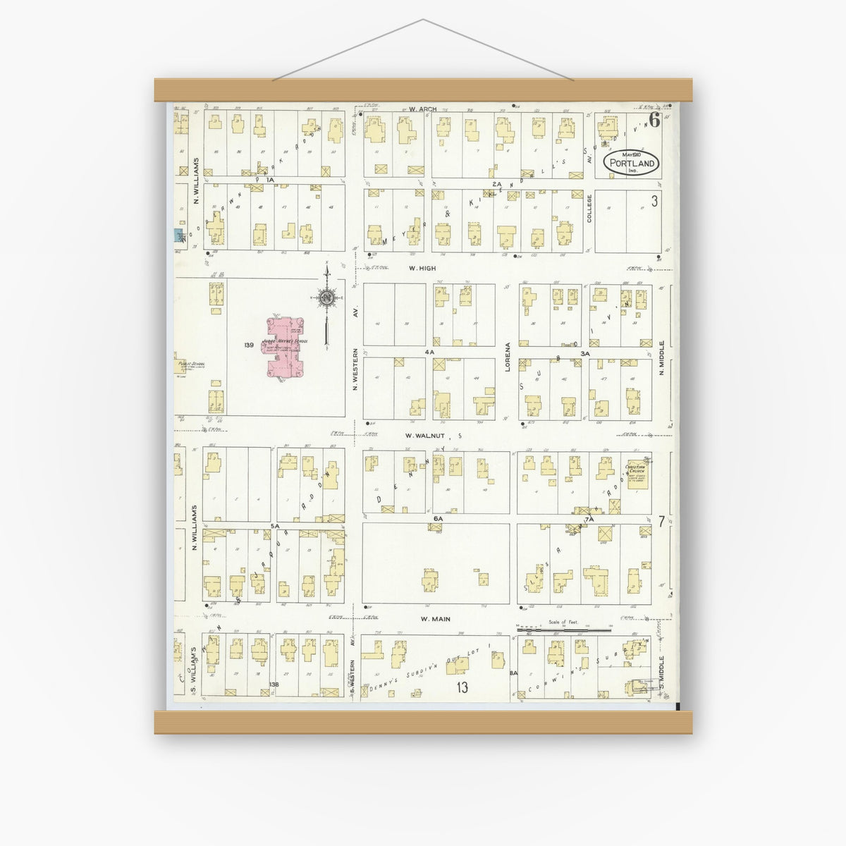 Old map wall art mockup — magnetic wood frame on white wall — Sanborn Fire Insurance Map from Portland, Jay County, Indiana (1910), Sheet #0006
