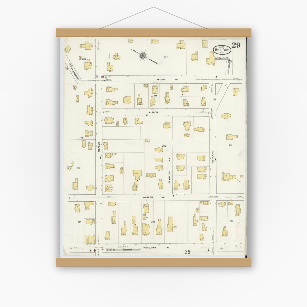 Old map wall art mockup — magnetic wood frame on white wall — Sanborn Fire Insurance Map from Hyde Park, Norfolk County, Massachusetts (1911), Sheet #0029
