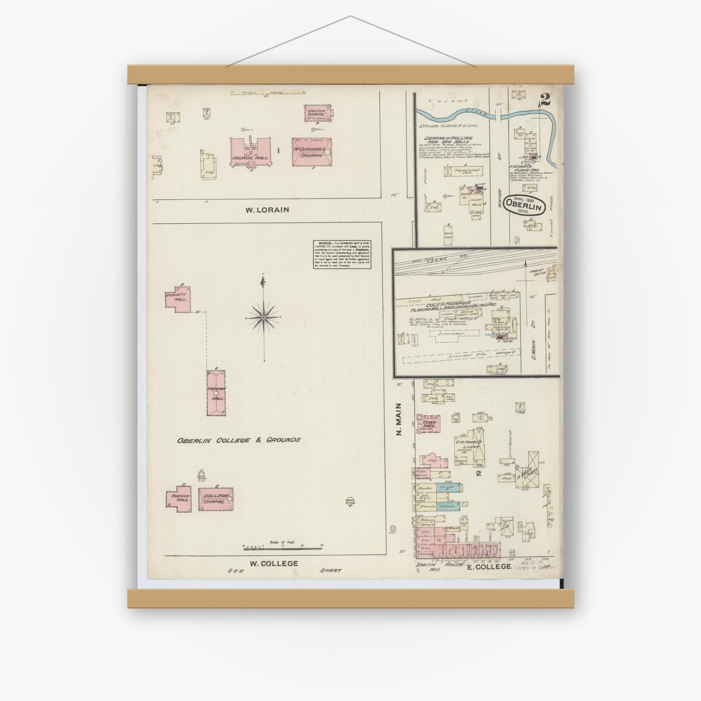 Old map wall art mockup — magnetic wood frame on white wall — Sanborn Fire Insurance Map from Oberlin, Lorain County, Ohio (1884), Sheet #0002