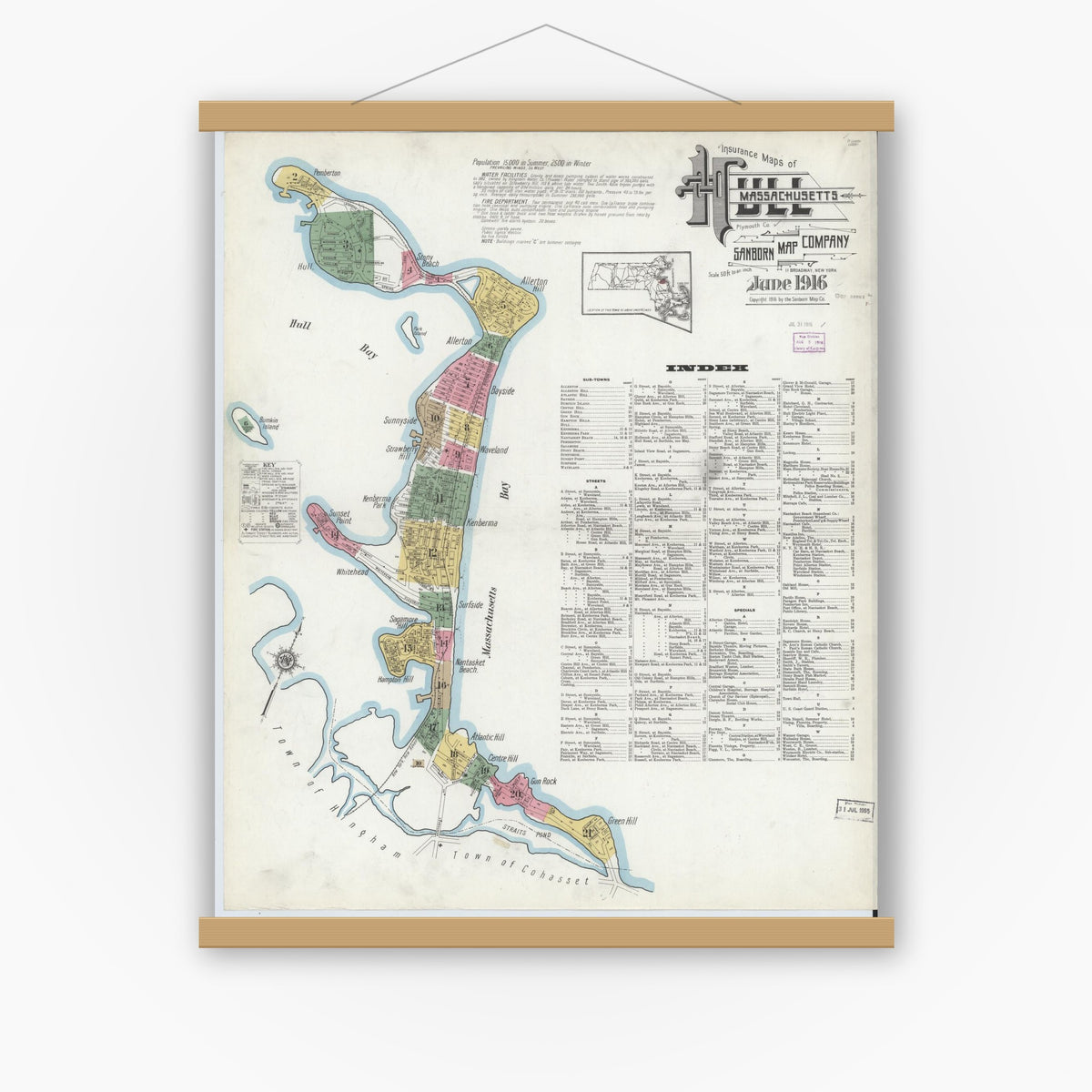 Old map wall art mockup — magnetic wood frame on white wall — Sanborn Fire Insurance Map from Hull, Plymouth County, Massachusetts (1916) - Complete Map Set