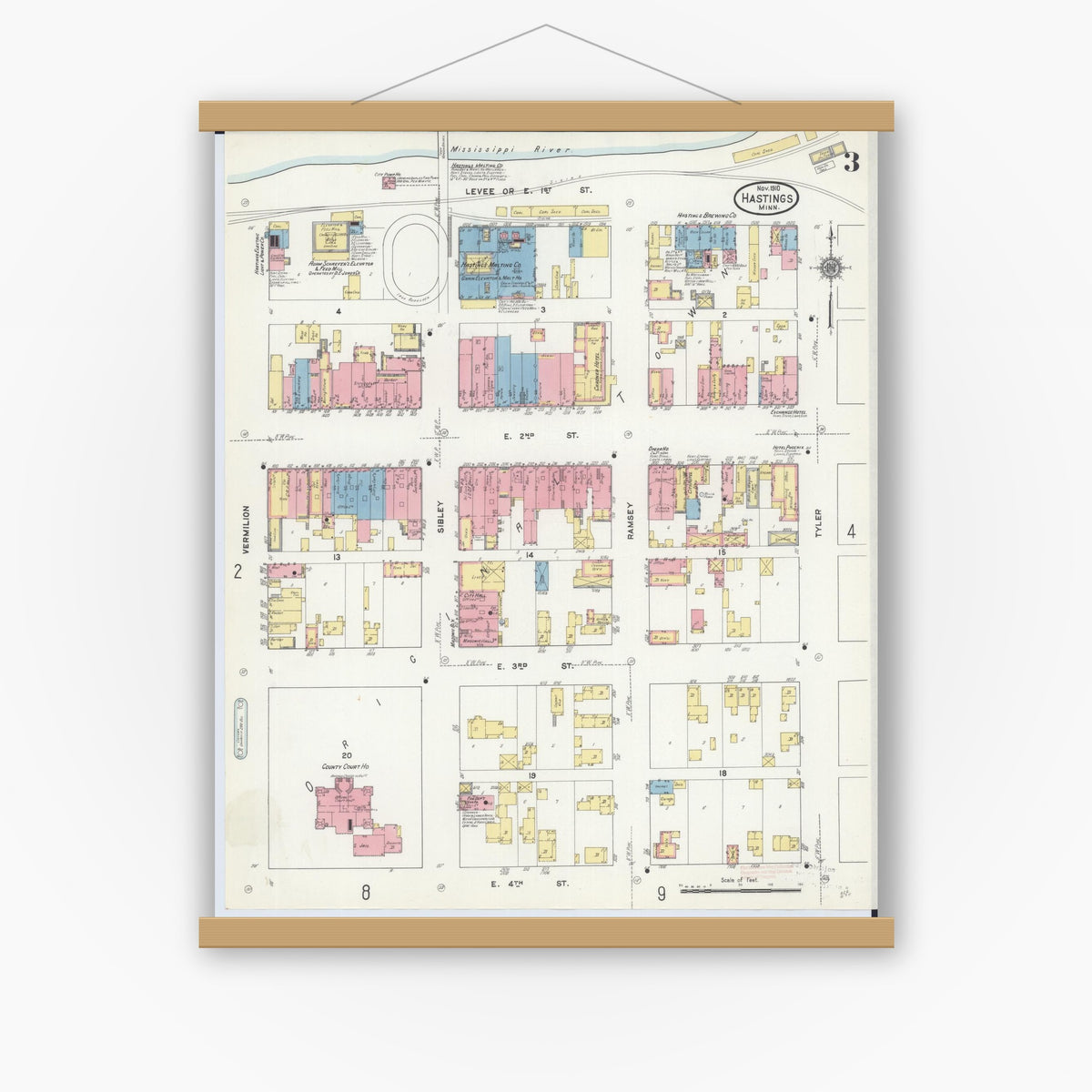 Old map wall art mockup — magnetic wood frame on white wall — Sanborn Fire Insurance Map from Hastings, Dakota County, Minnesota (1910), Sheet #0003