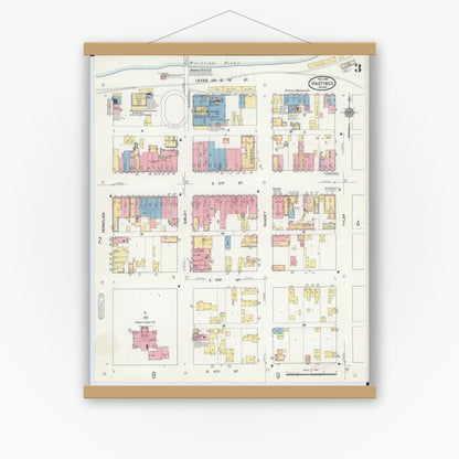 Old map wall art mockup — magnetic wood frame on white wall — Sanborn Fire Insurance Map from Hastings, Dakota County, Minnesota (1910), Sheet #0003