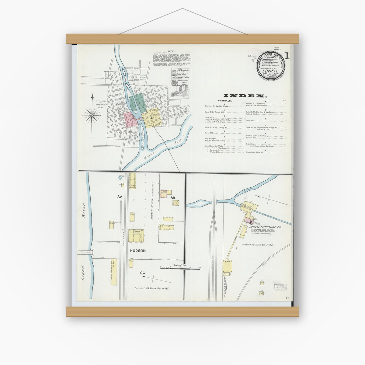Old map wall art mockup — magnetic wood frame on white wall — Sanborn Fire Insurance Map from Lowell, Kent County, Michigan (1892), Sheet #0001