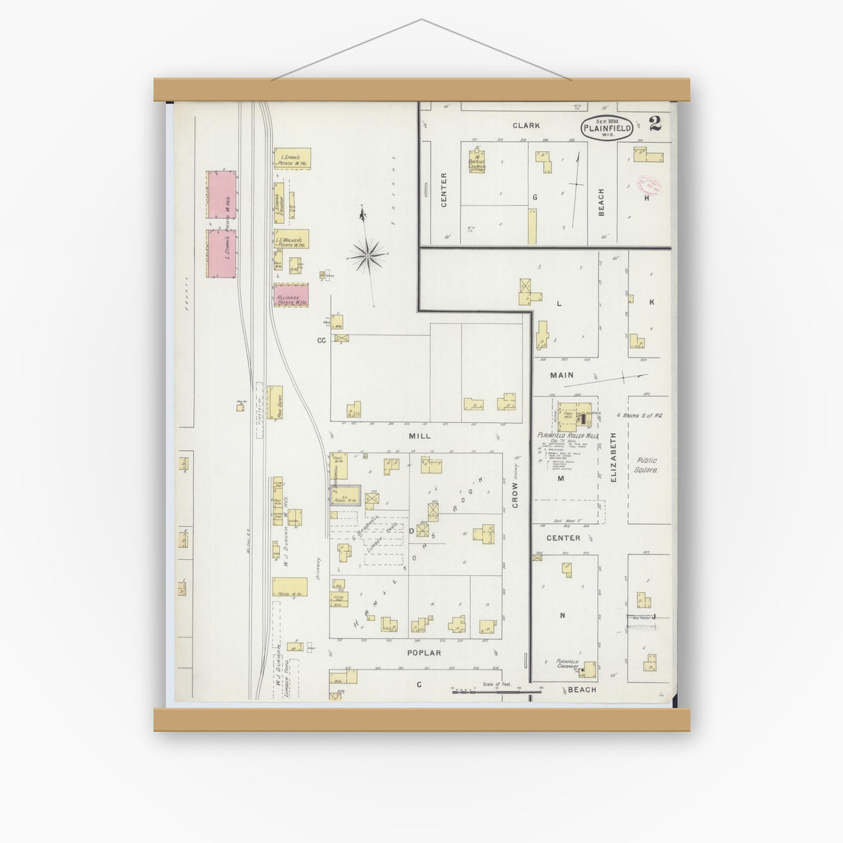 Old map wall art mockup — magnetic wood frame on white wall — Sanborn Fire Insurance Map from Plainfield, Waushara County, Wisconsin (1894), Sheet #0002