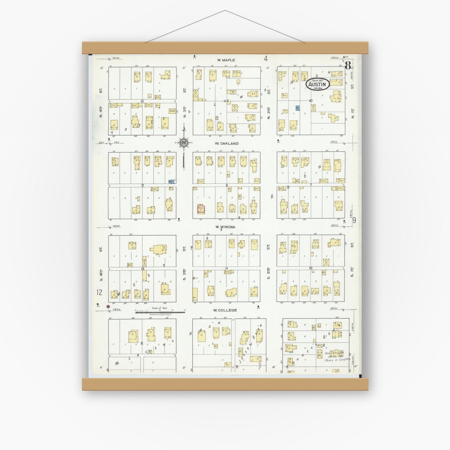 Old map wall art mockup — magnetic wood frame on white wall — Sanborn Fire Insurance Map from Austin, Mower County, Minnesota (1917), Sheet #0008