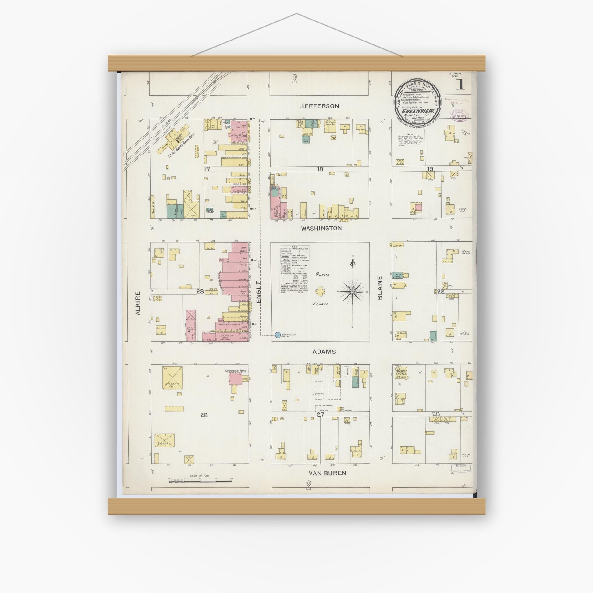 Old map wall art mockup — magnetic wood frame on white wall — Sanborn Fire Insurance Map from Greenview, Menard County, Illinois (1893) - Complete Map Set