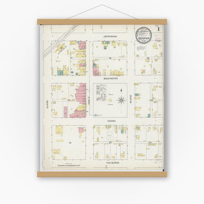 Old map wall art mockup — magnetic wood frame on white wall — Sanborn Fire Insurance Map from Greenview, Menard County, Illinois (1893) - Complete Map Set