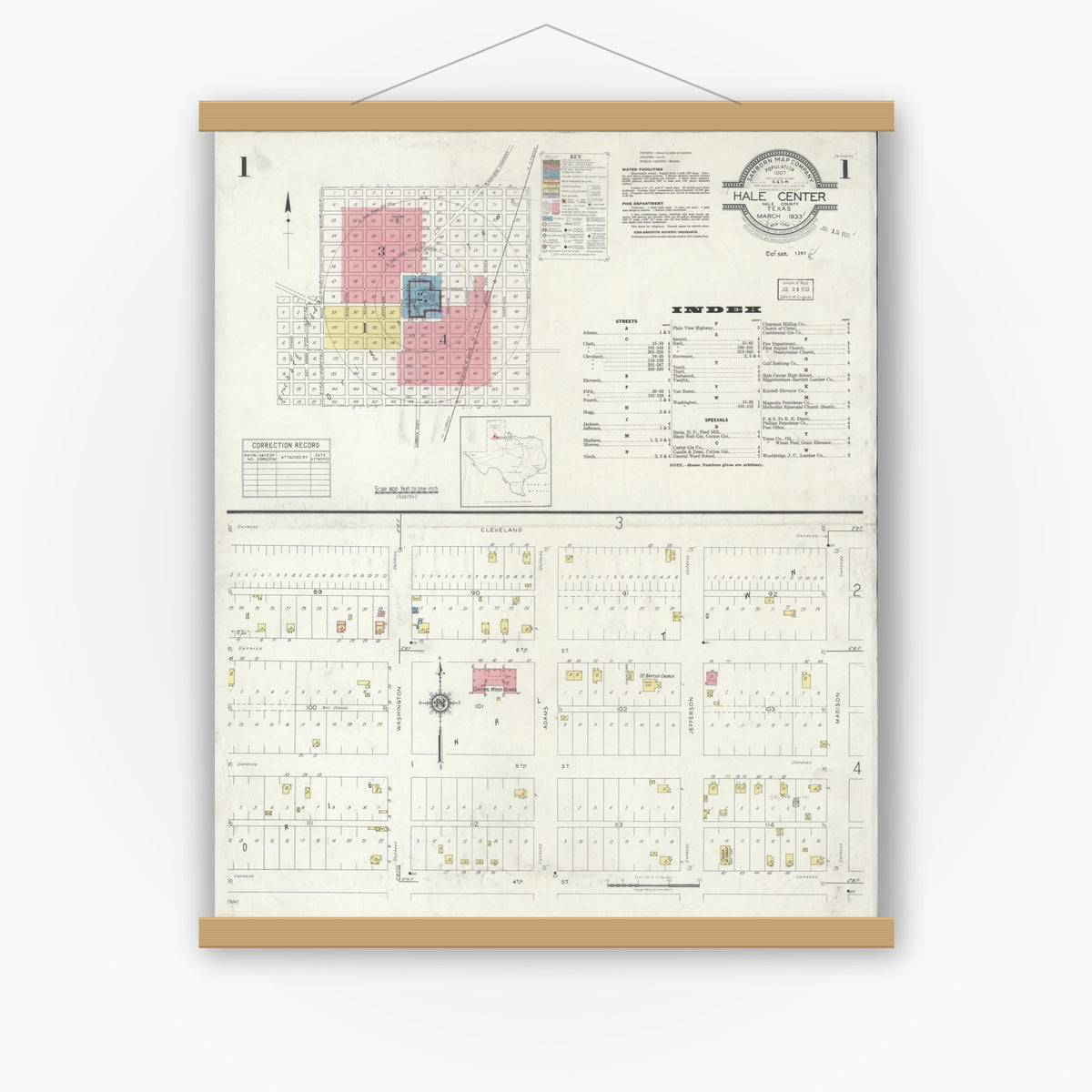 Old map wall art mockup — magnetic wood frame on white wall — Sanborn Fire Insurance Map from Hale Center, Hale County, Texas (1933) - Complete Map Set