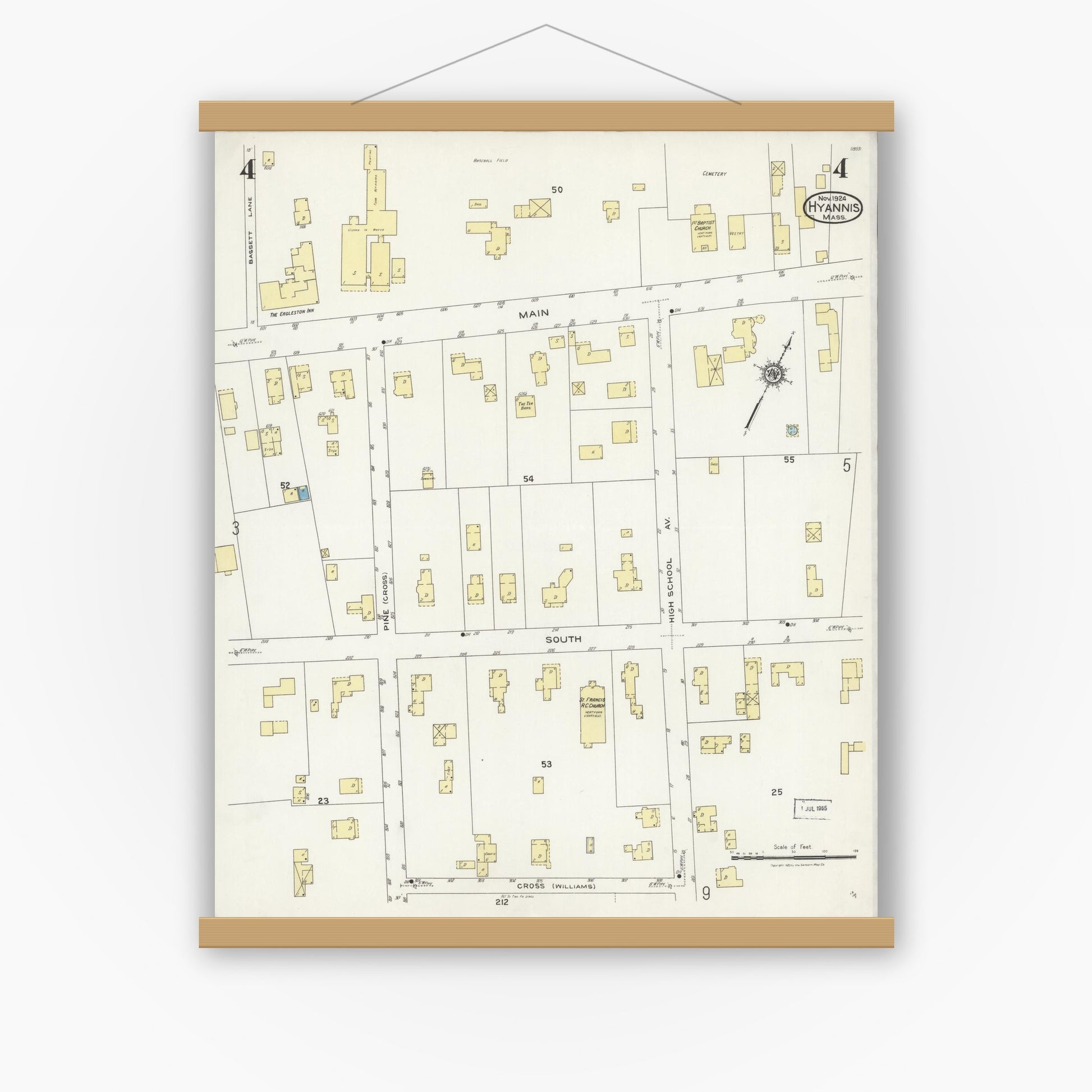 Old map wall art mockup — magnetic wood frame on white wall — Sanborn Fire Insurance Map from Hyannis, Barnstable County, Massachusetts (1924), Sheet #0004