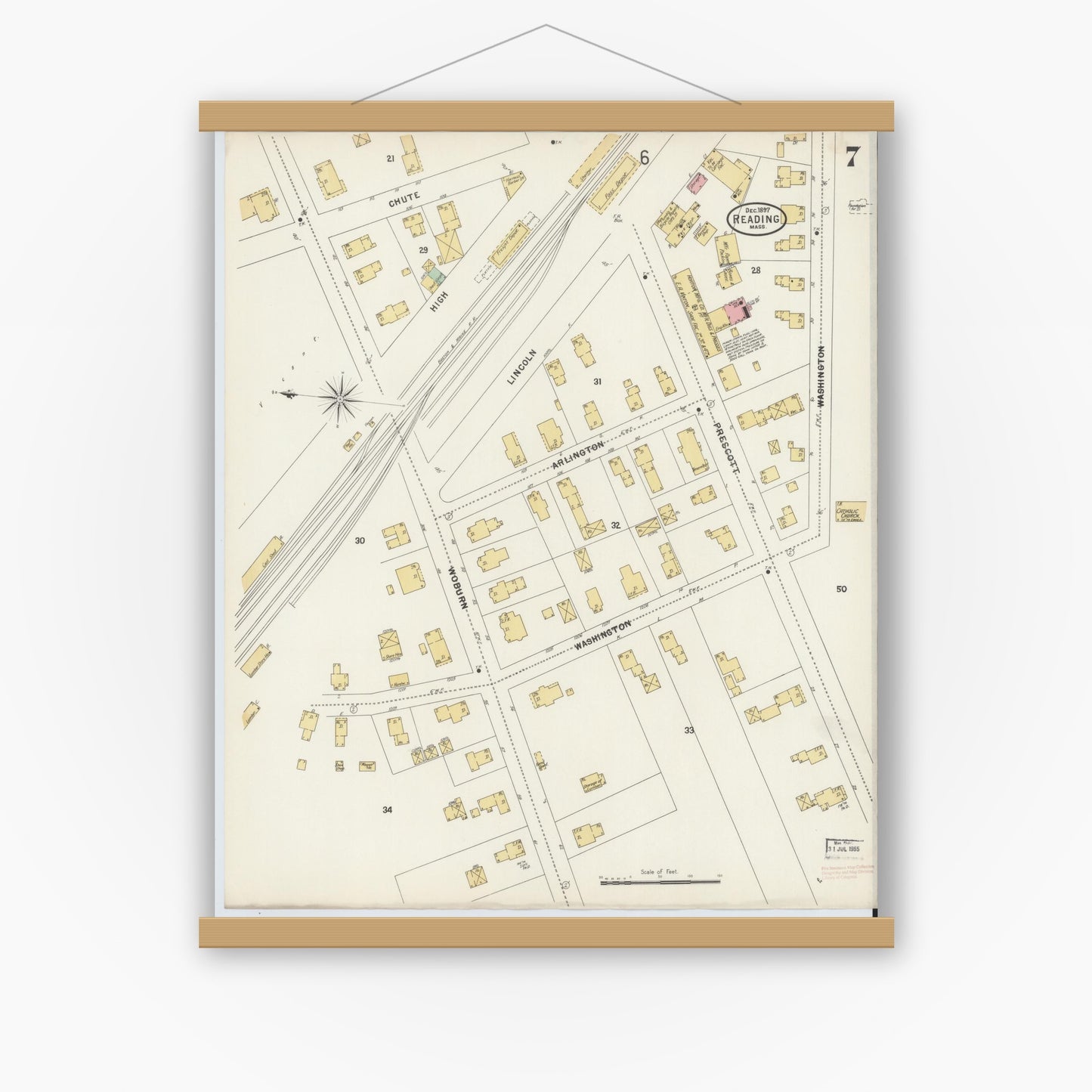 Old map wall art mockup — magnetic wood frame on white wall — Sanborn Fire Insurance Map from Reading, Middlesex County, Massachusetts (1897), Sheet #0007