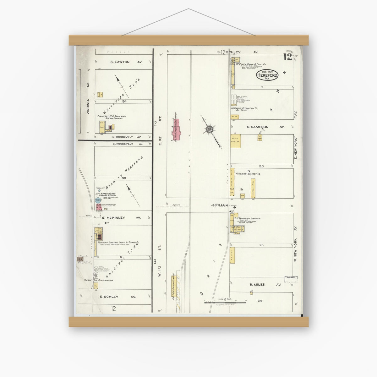 Old map wall art mockup — magnetic wood frame on white wall — Sanborn Fire Insurance Map from Hereford, Deaf Smith County, Texas (1920), Sheet #0012