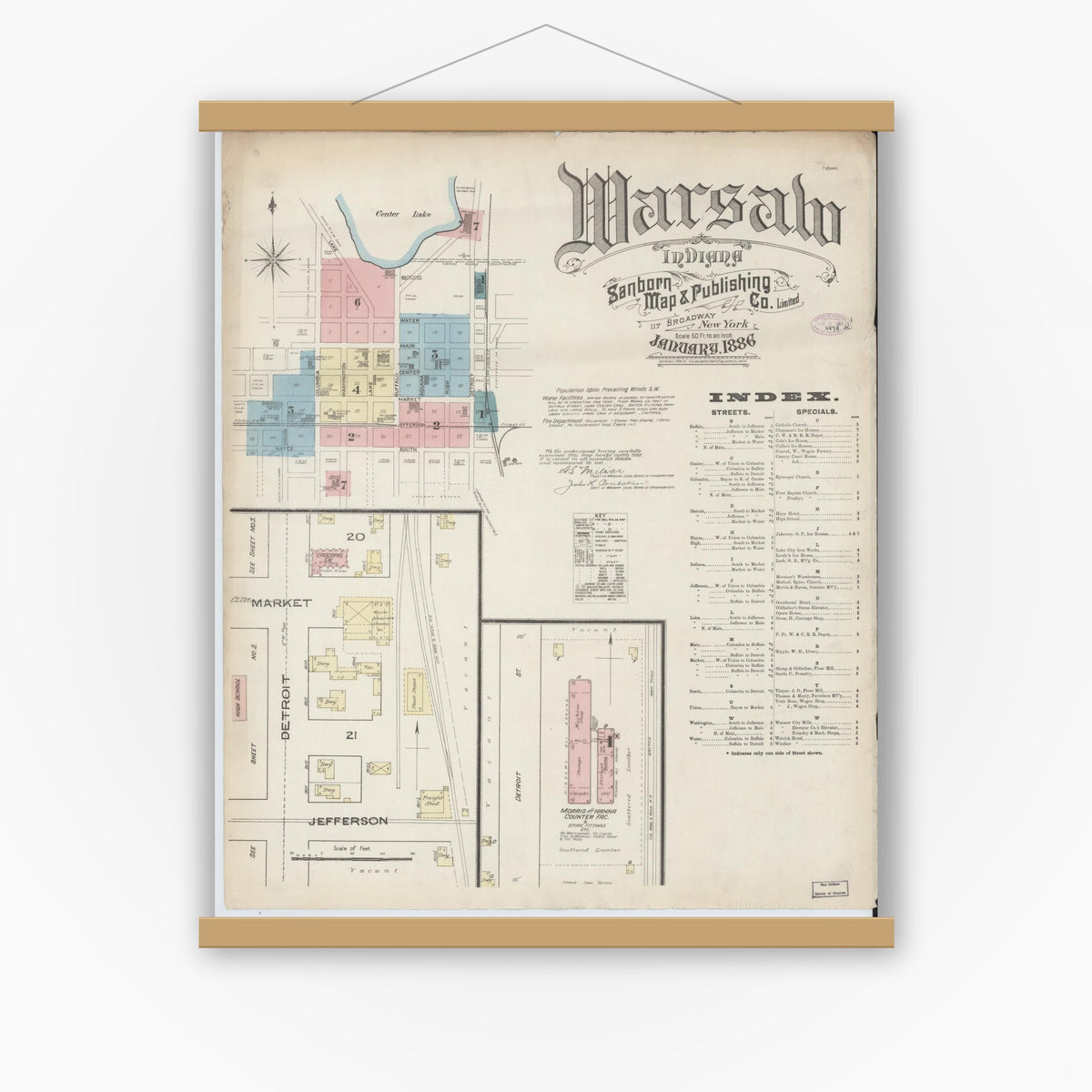 Old map wall art mockup — magnetic wood frame on white wall — Sanborn Fire Insurance Map from Warsaw, Kosciusko County, Indiana (1886) - Complete Map Set