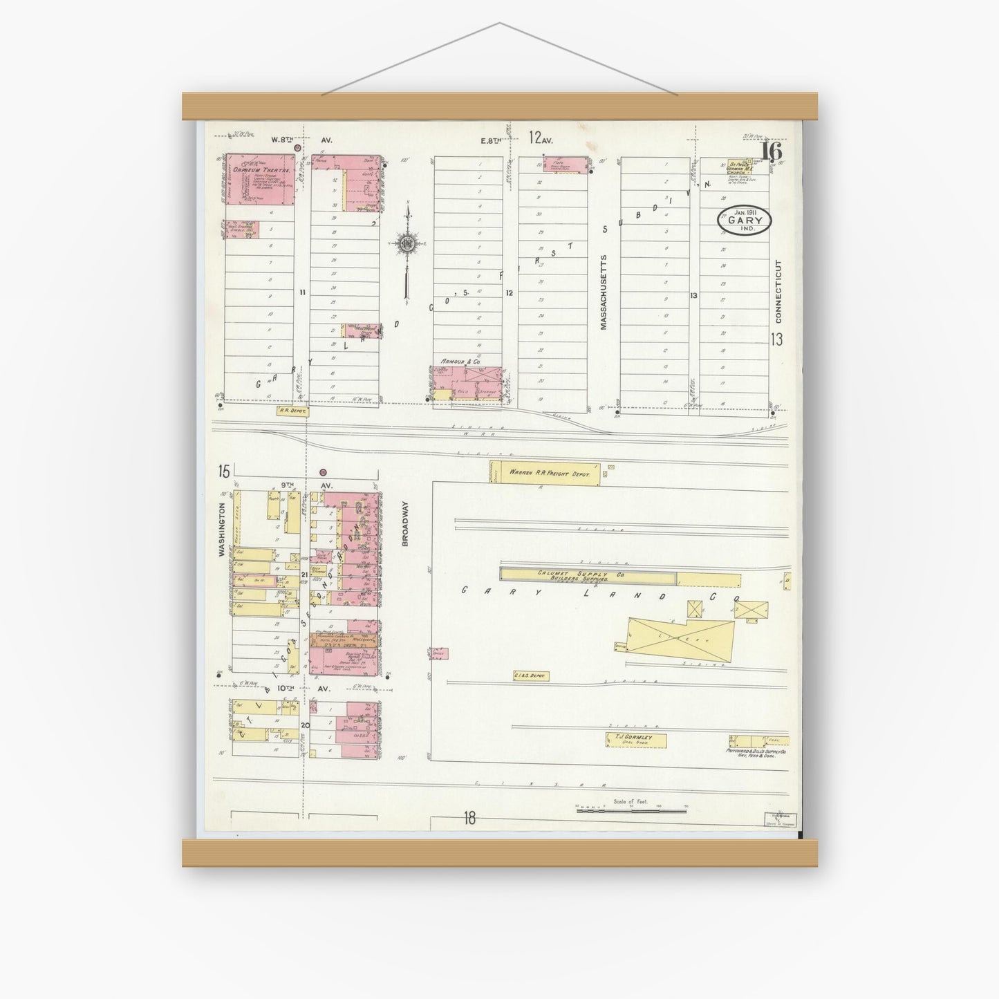 Old map wall art mockup — magnetic wood frame on white wall — Sanborn Fire Insurance Map from Gary, Lake County, Indiana (1911), Sheet #0016