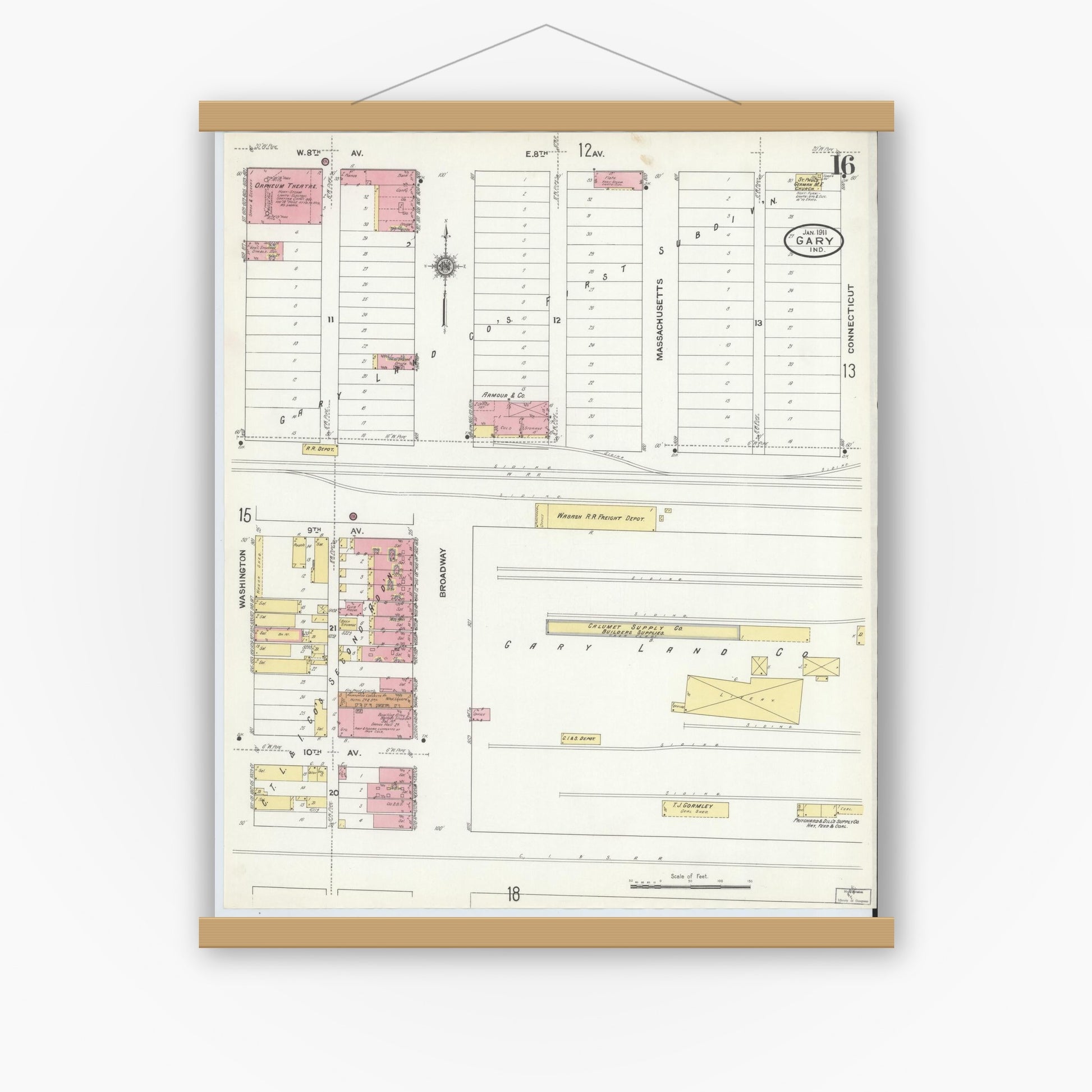 Old map wall art mockup — magnetic wood frame on white wall — Sanborn Fire Insurance Map from Gary, Lake County, Indiana (1911), Sheet #0016
