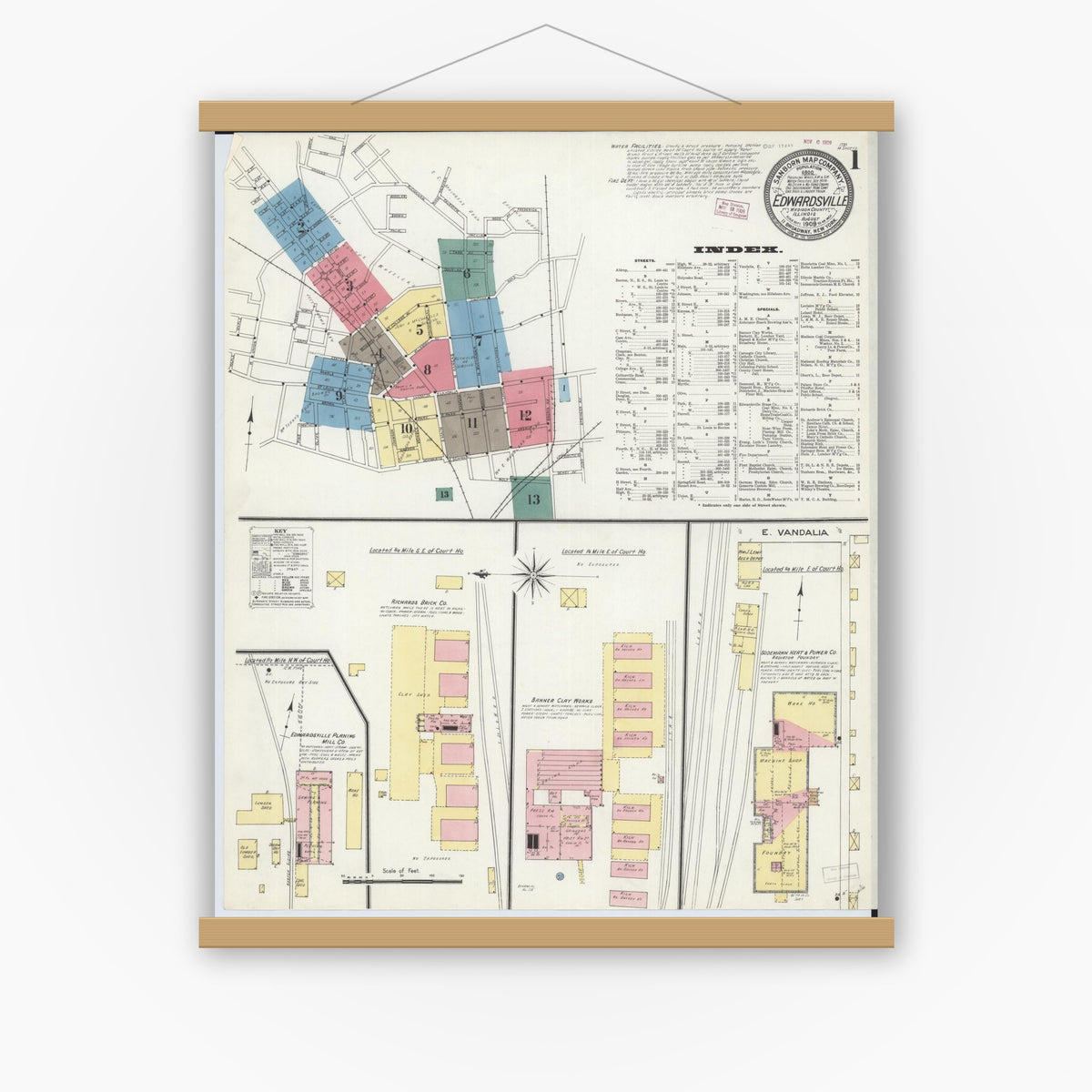Old map wall art mockup — magnetic wood frame on white wall — Sanborn Fire Insurance Map from Edwardsville, Madison County, Illinois (1909), Sheet #0001