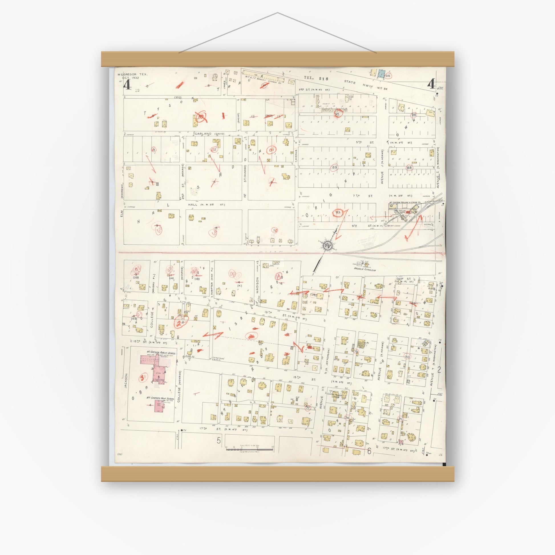 Old map wall art mockup — magnetic wood frame on white wall — Sanborn Fire Insurance Map from McGregor, McLennan County, Texas (1942), Sheet #0004