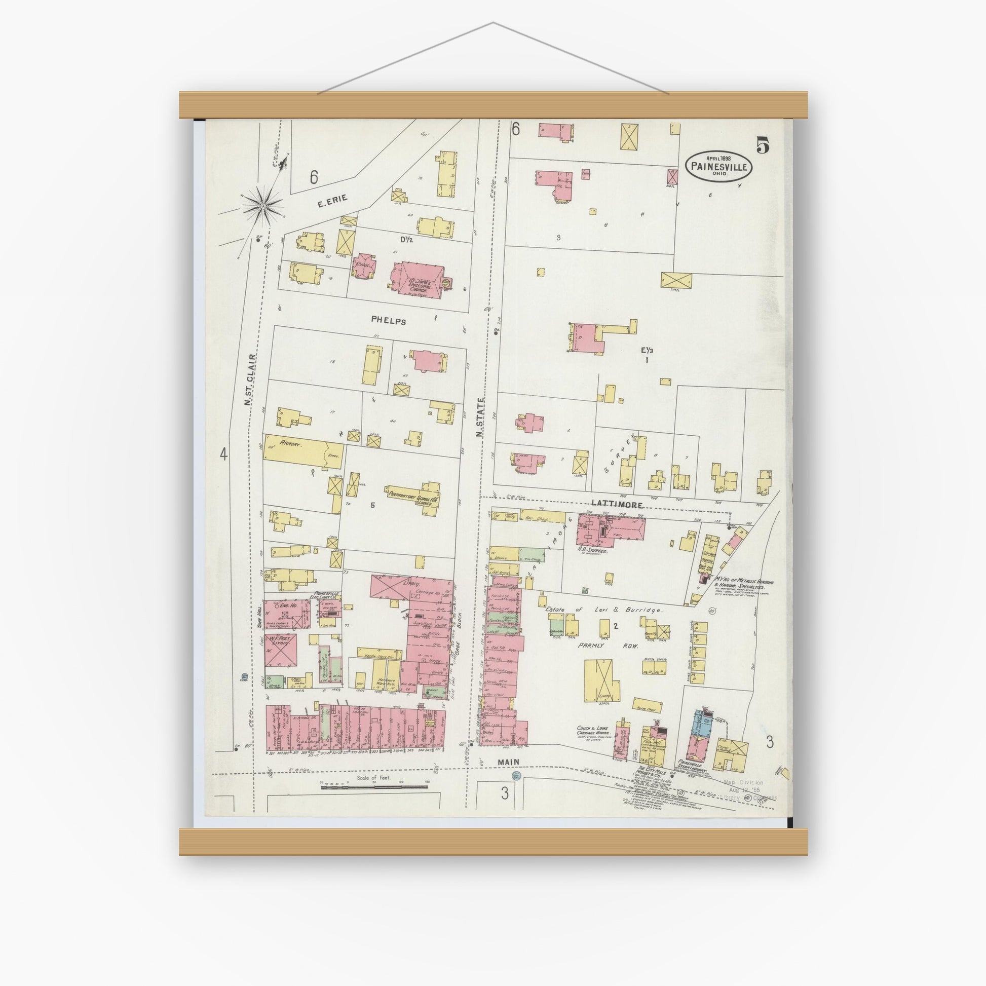 Old map wall art mockup — magnetic wood frame on white wall — Sanborn Fire Insurance Map from Painesville, Lake County, Ohio (1898), Sheet #0005