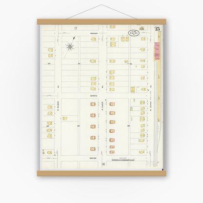 Old map wall art mockup — magnetic wood frame on white wall — Sanborn Fire Insurance Map from Sayre, Bradford County, Pennsylvania (1909), Sheet #0015