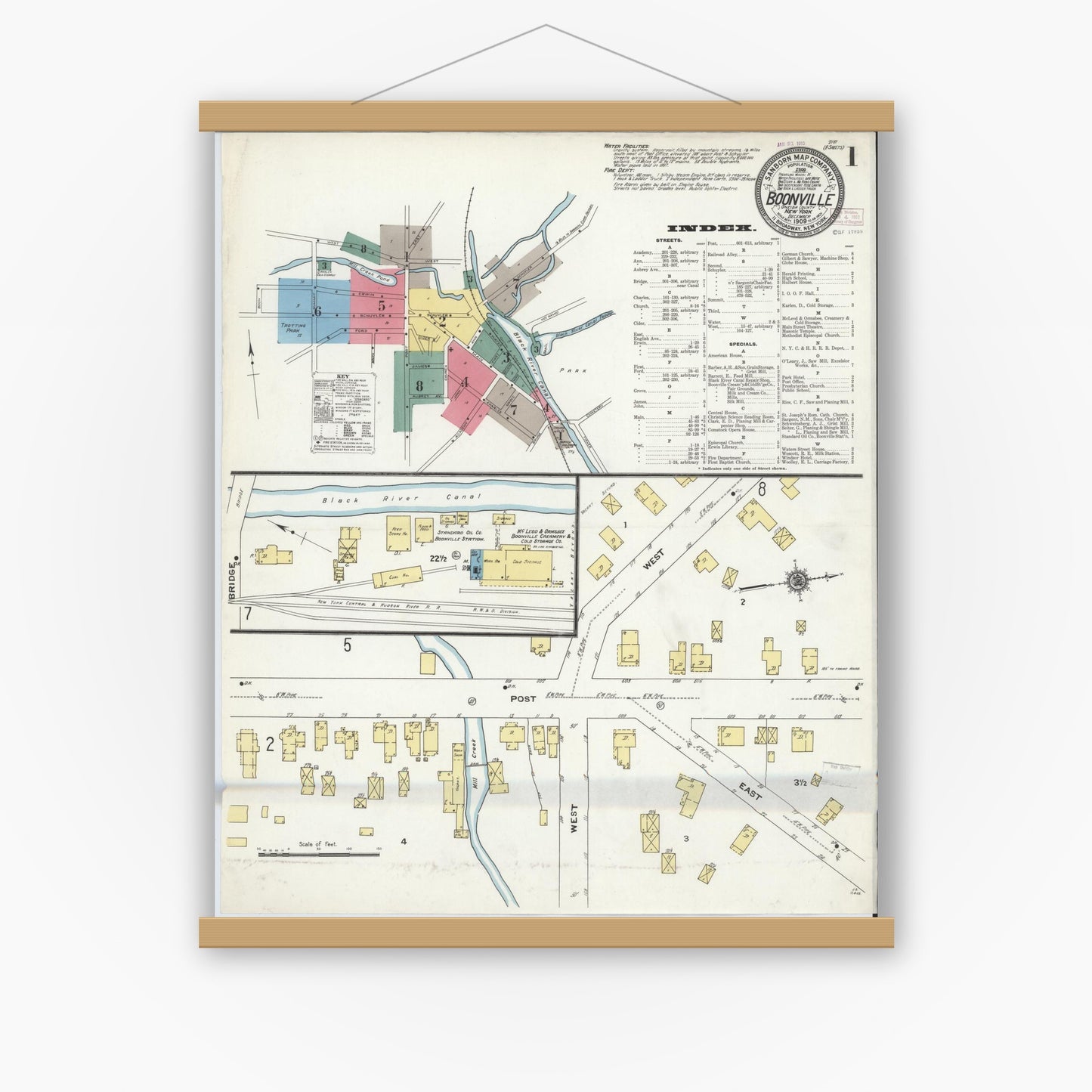 Old map wall art mockup — magnetic wood frame on white wall — Sanborn Fire Insurance Map from Boonville, Oneida County, New York (1909) - Complete Map Set