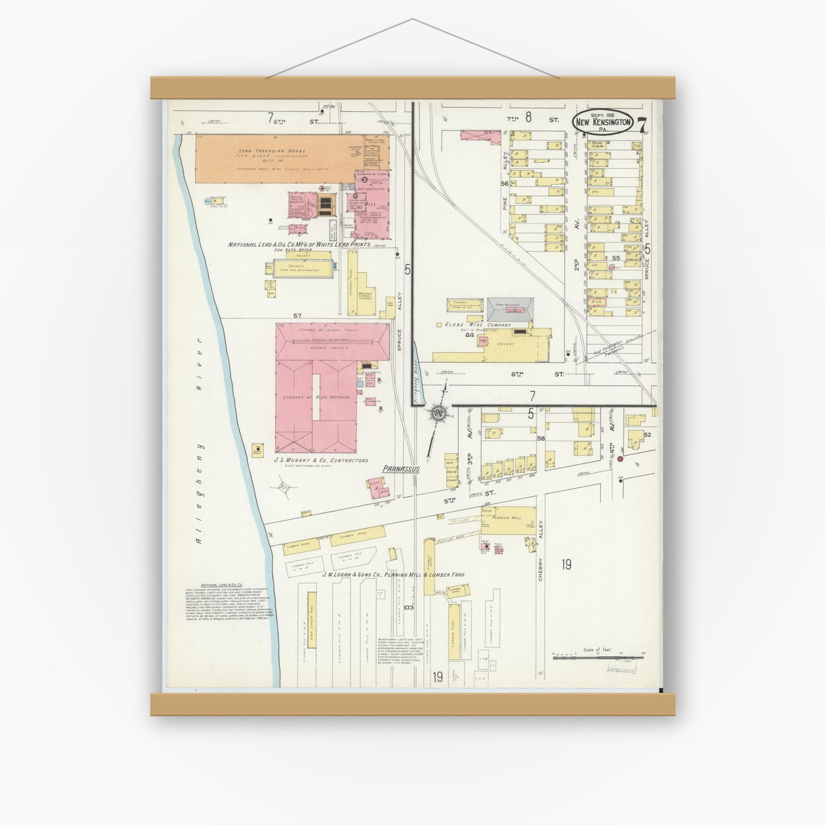 Old map wall art mockup — magnetic wood frame on white wall — Sanborn Fire Insurance Map from New Kensington, Westmoreland County, Pennsylvania (1915), Sheet #0007