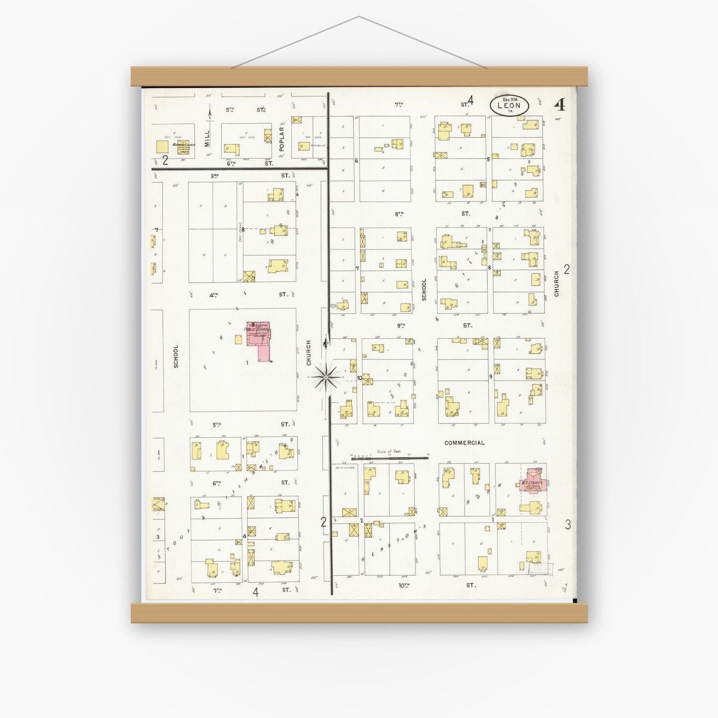 Old map wall art mockup — magnetic wood frame on white wall — Sanborn Fire Insurance Map from Leon, Decatur County, Iowa (1898), Sheet #0004