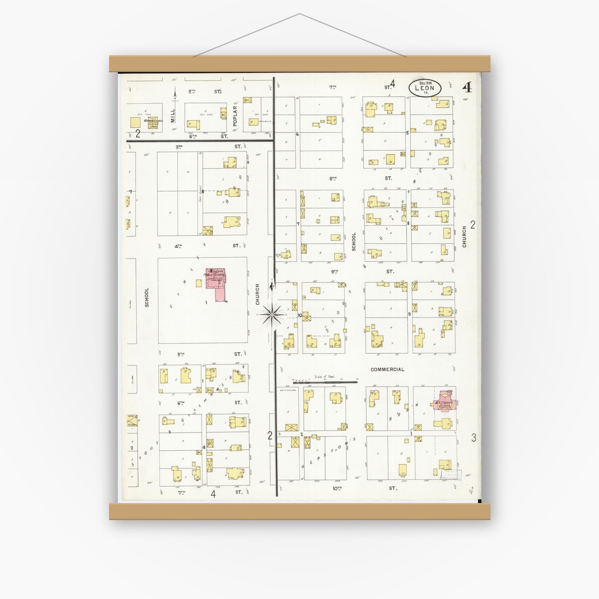 Old map wall art mockup — magnetic wood frame on white wall — Sanborn Fire Insurance Map from Leon, Decatur County, Iowa (1898), Sheet #0004