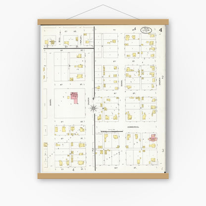 Old map wall art mockup — magnetic wood frame on white wall — Sanborn Fire Insurance Map from Leon, Decatur County, Iowa (1898), Sheet #0004