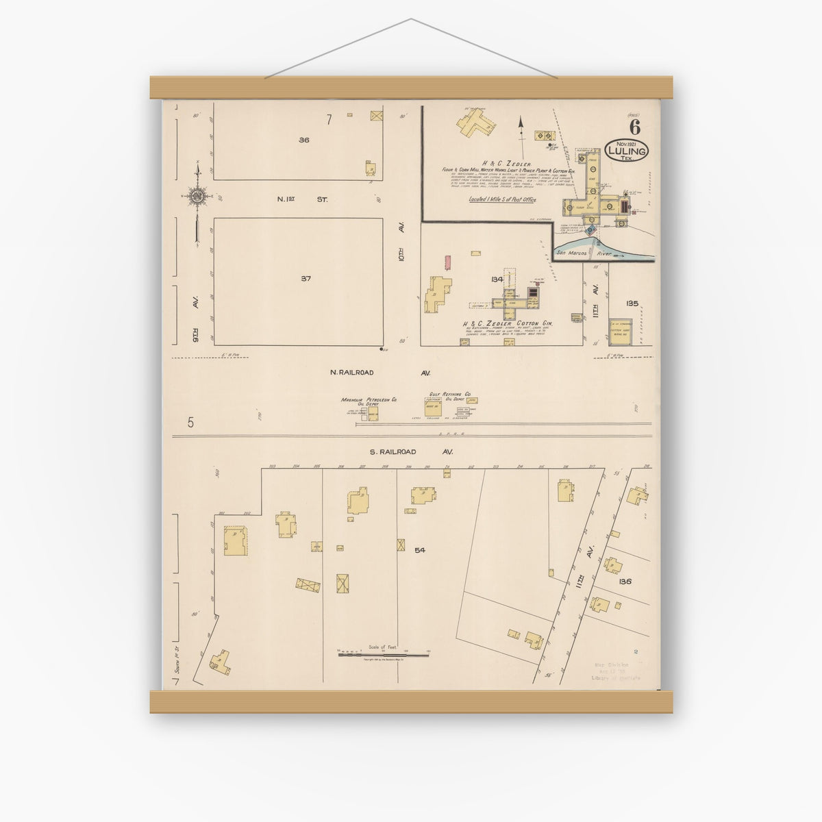 Old map wall art mockup — magnetic wood frame on white wall — Sanborn Fire Insurance Map from Luling, Caldwell County, Texas (1921), Sheet #0006
