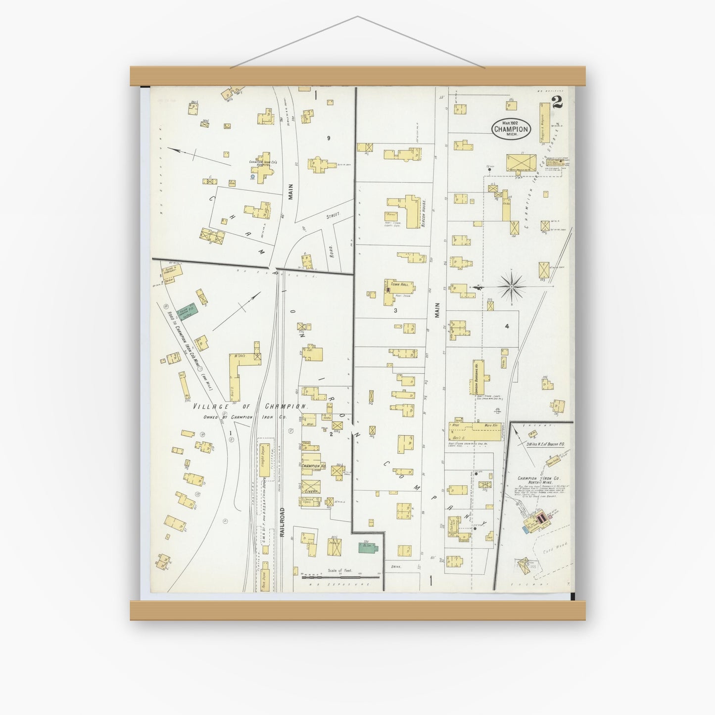 Old map wall art mockup — magnetic wood frame on white wall — Sanborn Fire Insurance Map from Champion, Marquette County, Michigan (1902), Sheet #0002