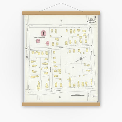 Old map wall art mockup — magnetic wood frame on white wall — Sanborn Fire Insurance Map from Greenfield, Franklin County, Massachusetts (1909), Sheet #0014