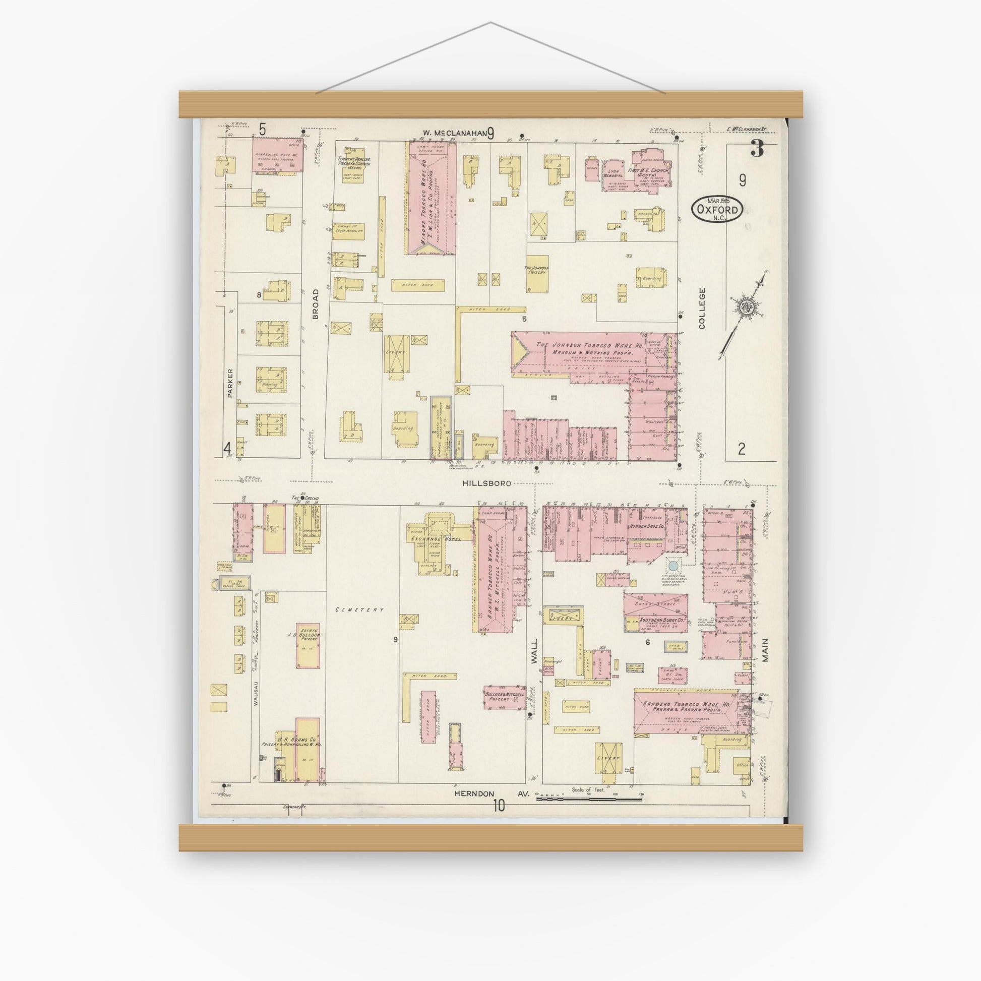 Old map wall art mockup — magnetic wood frame on white wall — Sanborn Fire Insurance Map from Oxford, Granville County, North Carolina (1915), Sheet #0003
