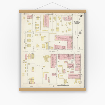 Old map wall art mockup — magnetic wood frame on white wall — Sanborn Fire Insurance Map from Oxford, Granville County, North Carolina (1915), Sheet #0003