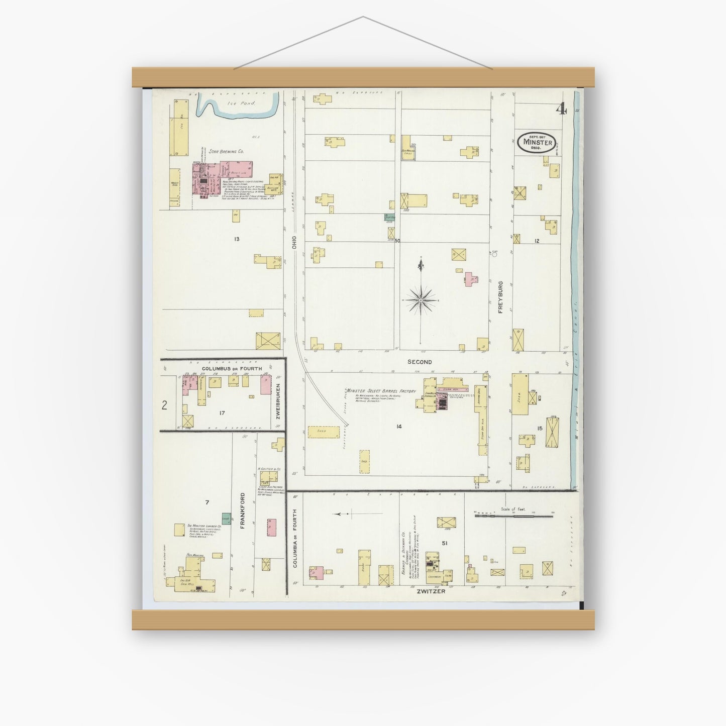 Old map wall art mockup — magnetic wood frame on white wall — Sanborn Fire Insurance Map from Minster, Auglaize County, Ohio (1907), Sheet #0004