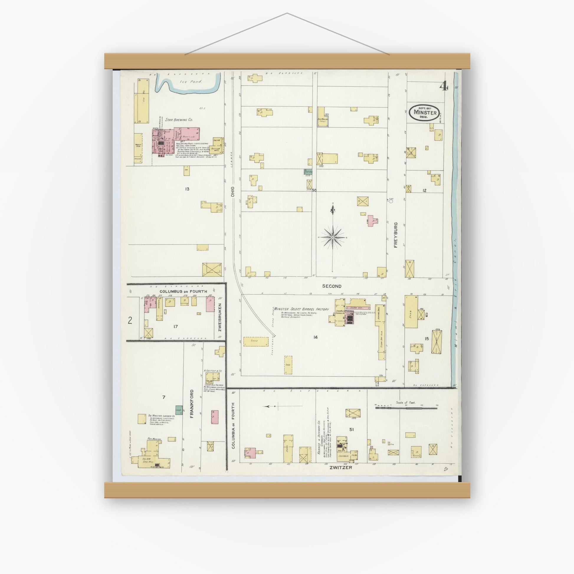 Old map wall art mockup — magnetic wood frame on white wall — Sanborn Fire Insurance Map from Minster, Auglaize County, Ohio (1907), Sheet #0004