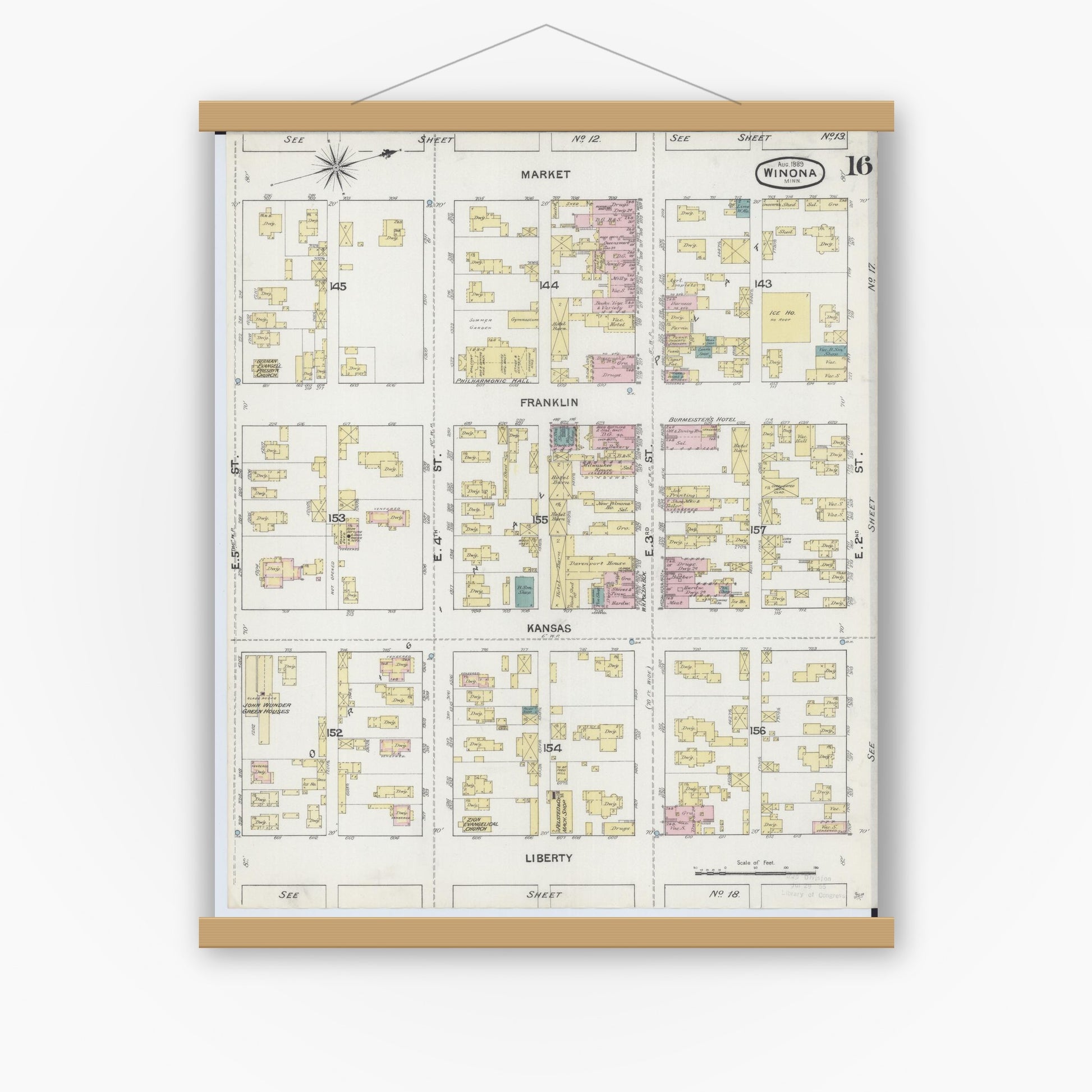 Old map wall art mockup — magnetic wood frame on white wall — Sanborn Fire Insurance Map from Winona, Winona County, Minnesota (1889), Sheet #0016
