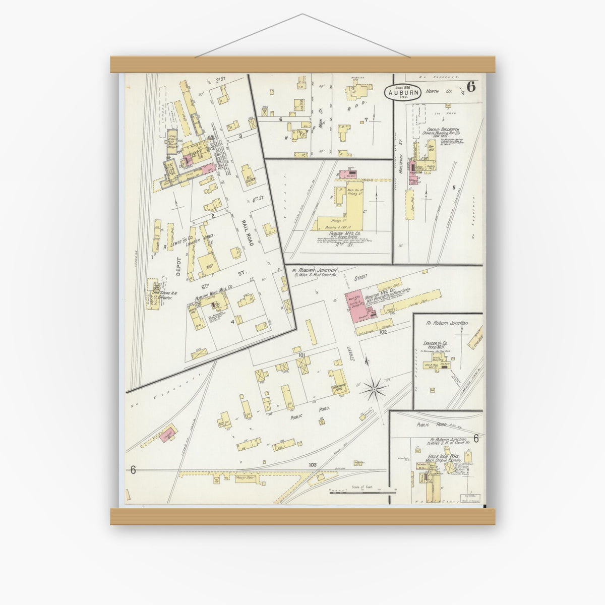 Old map wall art mockup — magnetic wood frame on white wall — Sanborn Fire Insurance Map from Auburn, De Kalb County, Indiana (1896), Sheet #0006