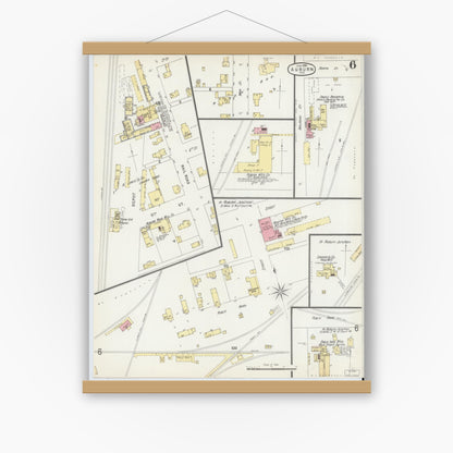 Old map wall art mockup — magnetic wood frame on white wall — Sanborn Fire Insurance Map from Auburn, De Kalb County, Indiana (1896), Sheet #0006