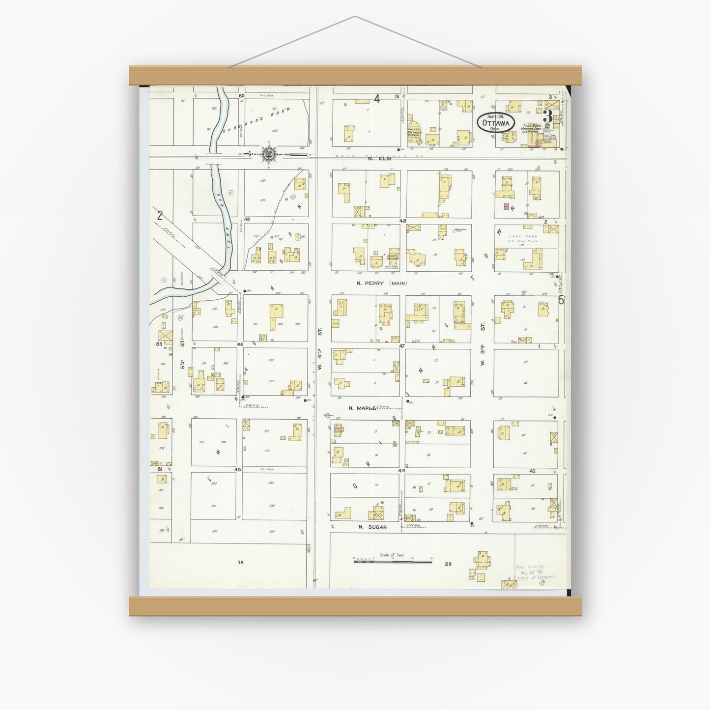 Old map wall art mockup — magnetic wood frame on white wall — Sanborn Fire Insurance Map from Ottawa, Putnam County, Ohio (1911), Sheet #0003