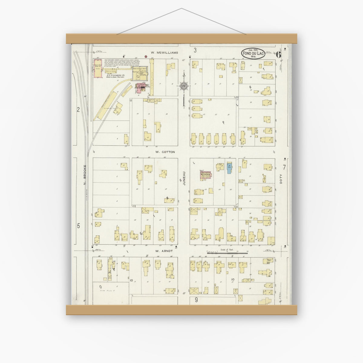 Old map wall art mockup — magnetic wood frame on white wall — Sanborn Fire Insurance Map from Fond du Lac, Fond du Lac County, Wisconsin (1915), Sheet #0006