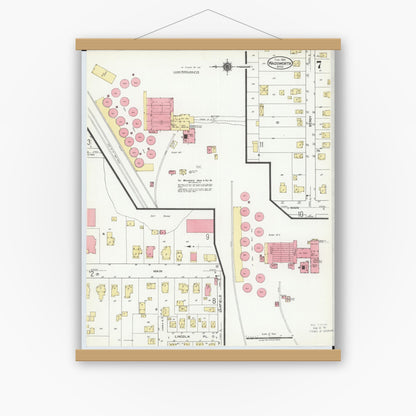 Old map wall art mockup — magnetic wood frame on white wall — Sanborn Fire Insurance Map from Wadsworth, Medina County, Ohio (1923), Sheet #0007