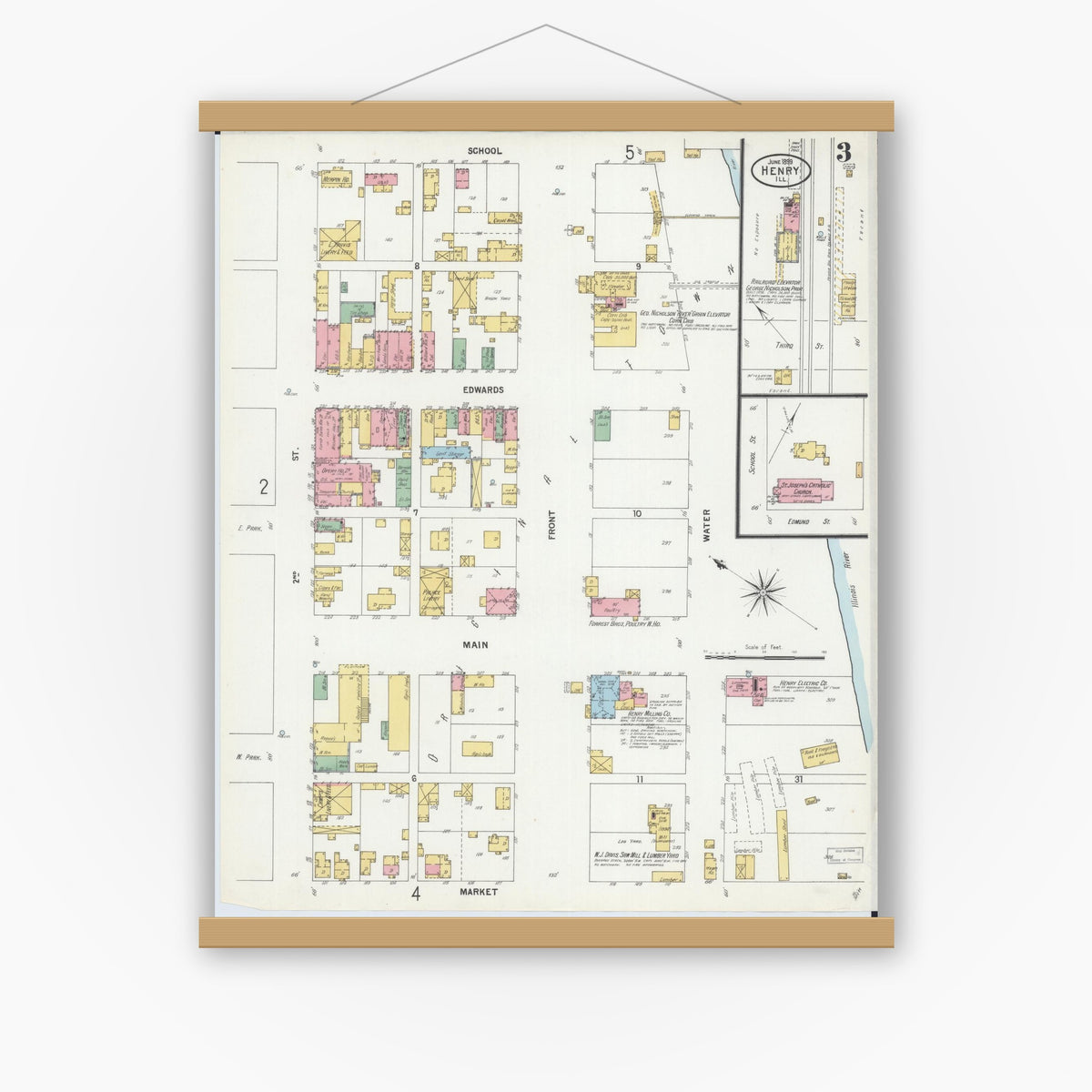 Old map wall art mockup — magnetic wood frame on white wall — Sanborn Fire Insurance Map from Henry, Marshall County, Illinois (1899), Sheet #0003