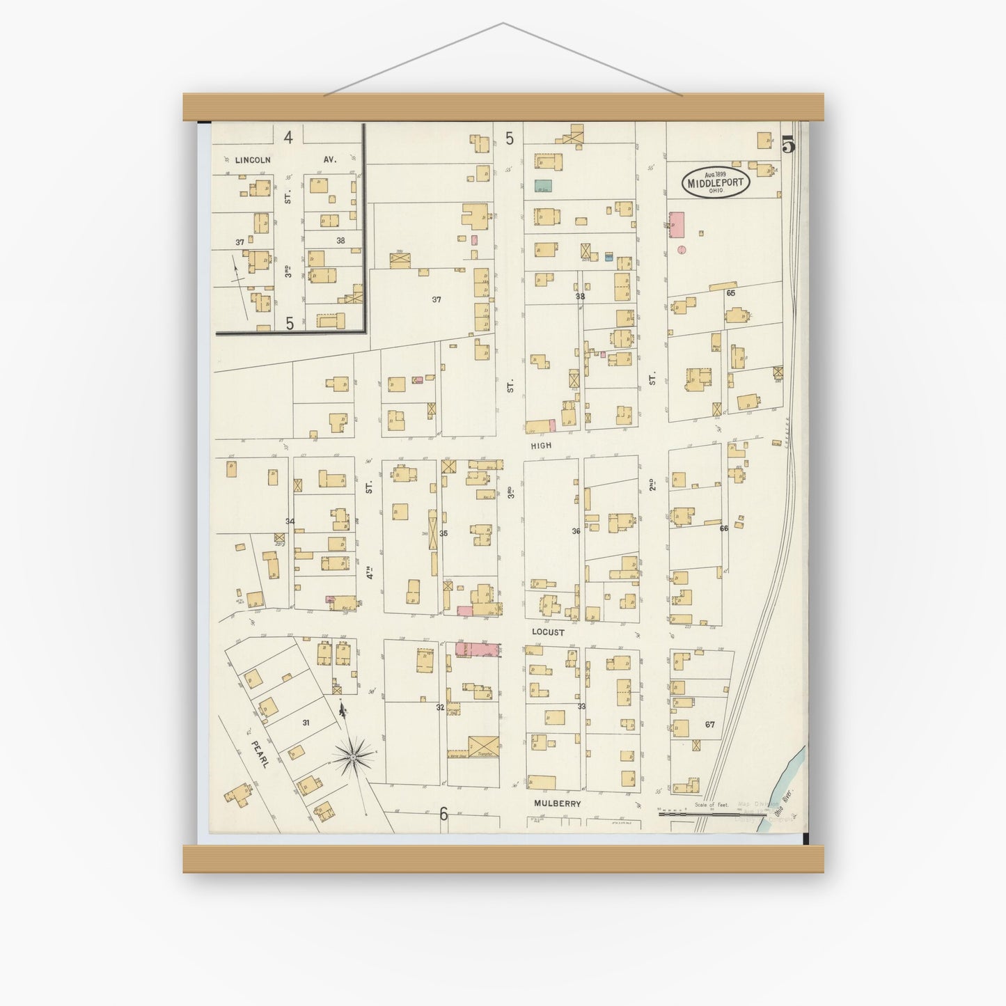 Old map wall art mockup — magnetic wood frame on white wall — Sanborn Fire Insurance Map from Middleport, Meigs County, Ohio (1899), Sheet #0005