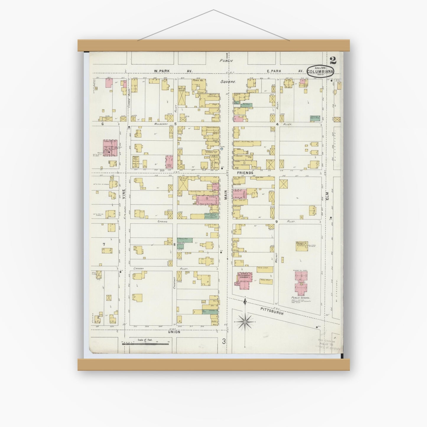 Old map wall art mockup — magnetic wood frame on white wall — Sanborn Fire Insurance Map from Columbiana, Columbiana County, Ohio (1896), Sheet #0002